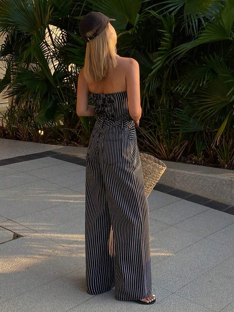 Striped Waist Bandeau Women's Denim Jumpsuit Summer
