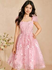 SHEIN Teen Girls' Embroidered Pink Elegant Short Sleeve Dress Pink Teen Tea Party Dress Pink Flower Embroidered Dress Belle Elegant Pink Teen Dress - Pink - View 7