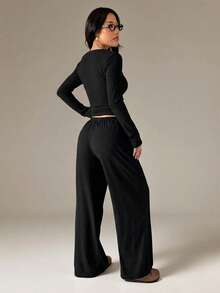 SHEIN PETITE Women Luxurious Ribbed Knit Co-Ord Set Long Sleeve Button Up Cardigan With Wide Leg Palazzo Pants Fall Winter Loungewear - Black - View 2