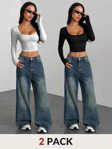 SHEIN PETITE 2pcs/Set Sexy Wide Neck Long Sleeve Form-Fitting T-Shirt Crop Tops Y2k - Multicolor - View 3