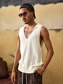 ROMWE MEN Street Life Men's V-Neck Minimalist Premium Knit Sweater Vest - Beige - View 6