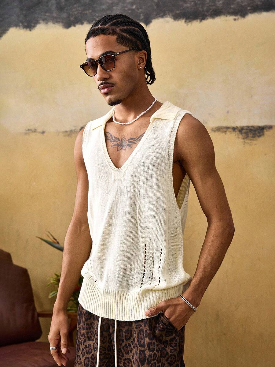 ROMWE MEN Street Life 男士V领简约高级针织毛衣背心 - 米色 - 查看 1