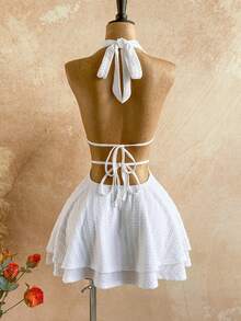 Soleia Women's White Hollow Lace-Up Metal Decor Halter A-Line Mini Dress,Retro 70s Party Club Summer Beach Vacation Outfits,Music Festival Resort Wear - White - View 2