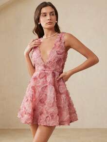 BELROSIE Women Dusty Pink Mini Dress 3D Floral Applique Organza A-Line Deep V-Neck Sleeveless High Waist Elegant Mama Mia Summer Wedding Guest Party Dresses - Rose Red - View 2