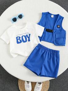 SHEIN Baby Jungen/Mädchen 3-teiliges Set: Weicher gestrickter Pullover mit Buchstabendruck, rundem Ausschnitt und Kurzarm, ärmelloser Cargo-Weste und Shorts mit Gummibund, geeignet für lässige Unternehmungen und Straßenmode - Verschiedenfarbig - Übersicht 9