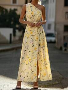 Balvessa Women's Fashion Asymmetric Neck Ruched A-Line Elegant Printed Pleated Split Dress, Suitable For Spring And Summer - Multicolor - View 6