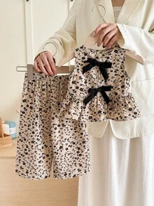 少女休闲圆领无袖撞色蝴蝶结背心和裤子套装 - 彩色 - 查看 1