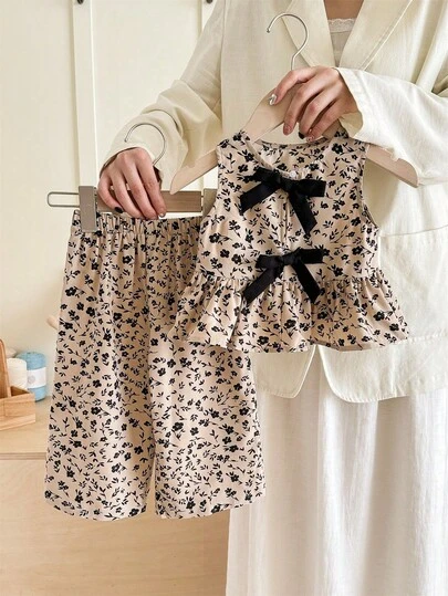 Tween Girl Matching Casual Round Neck Sleeveless Contrast Bow Tie Tank Top And Pants Set