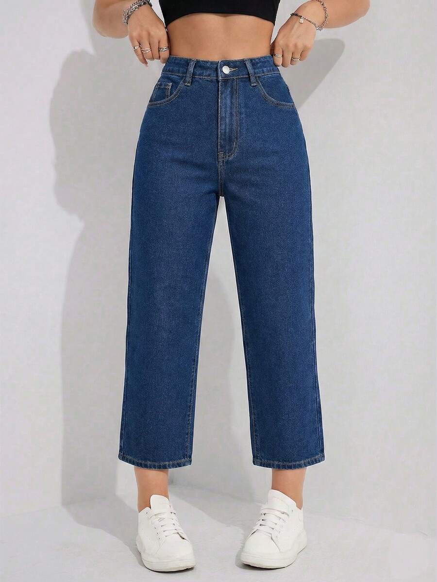 Flexra Quần jeans nữ cạp cao, ống đứng, lửng, có túi - Rửa tối - Xem 1