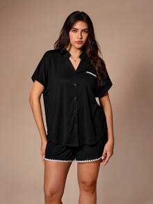 Lazeform 时尚秋季柔软针织开衫，饰有纽扣和蕾丝拼接，时尚休闲加大码家居服睡衣套装 - 黑色 - 查看 5