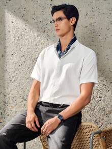 RONVEXI 夏季男士纯色前扣休闲短袖衬衫 - 白色 - 查看 5