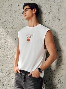 RONVEXI 男士热带字母印花图案休闲夏季无袖背心 - 白色 - 查看 4