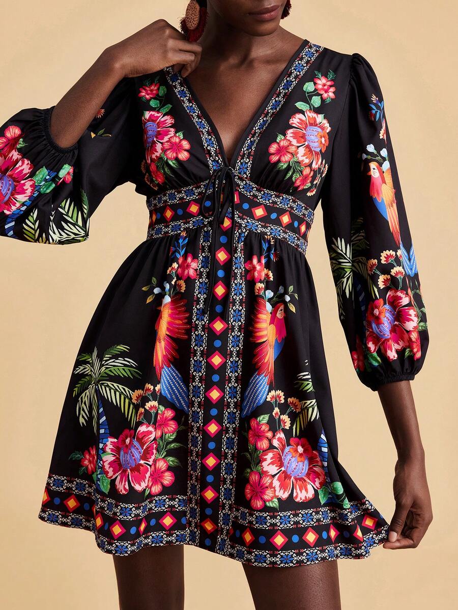 Travachic Women's Fitted V-Neck Mini Dress With Printed Woven Fabric, Suitable For Spring/Summer Vacation,Vacation Casual Terno Outfit For Women,Summer Holiday Outfits,Spring Break Outfits,Party Outfit,Beach Outfit,Spring Clothing,Valentine's Day,Valentine Outfits For Women,Carnival Costume,Elegant,Floral,Carnival,Spring To Summer ,Party ,Summer Dress,Valentine's Day Dress,Wedding Guest Dress For Women,Birthday Dress,Party Dress,Elegant Dresses For Women,Floral Dress,Summer Dress,Carnival Costume,Red Dress, Mexican Style Dress Women Boho Dress For Women Flower Dress Woman Hibiscus Dress 3d Floral Dresses For Women - Multicolor - View 1