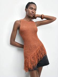 Maija Women Orange Sleeveless Fringed Hem Knit Top - Coral Orange - View 5