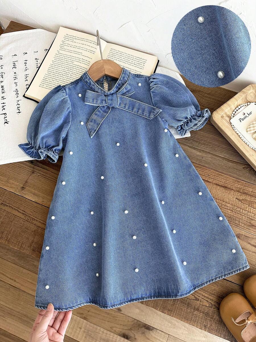LMoss Kids Đầm ngắn tay bèo nhún 3D màu xanh denim đính ngọc trai trắng cho bé gái. - Rửa trung bình - Xem 1