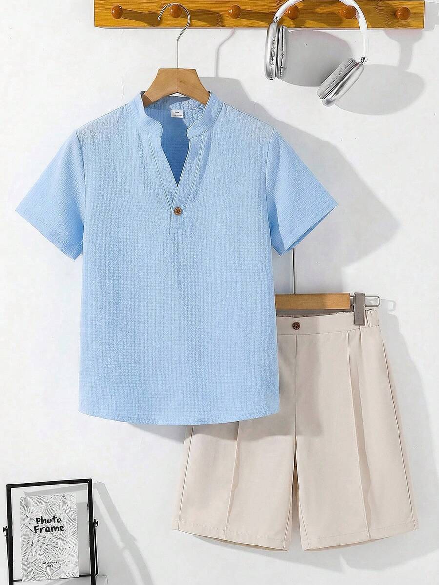 SHEIN Tween Boy Casual Short Sleeve V-Neck Shirt And Shorts Set,Kids Holiday Vacation Light Blue Summer - Blue - View 1
