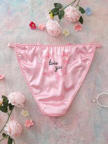 SHEIN Slip da donna a contrasto di colore con fiocco e scritta "Ti amo", motivo farfalla, romantico, stile pastorale, comodo, taglie comode per il giorno di San Valentino - Rosa - Visualizzare 8