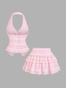 Sweetra Spring/Summer New Halter Neck Camisole And Layered Ruffle Hem A-Line Mini Skirt Set, Sweet French Style - Pink - View 2