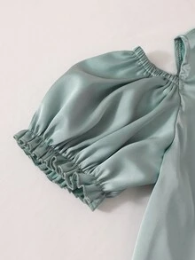 Girls' Elegant Mint Green Cold Shoulder Top And Skirt Set, Spring/Summer, Puff Sleeve + Jacquard Fabric Skirt, 2pcs Outfit For Daily, Party, Festival - Green - View 4