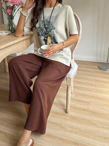 Vivie Lora Women's Floral Print Round Neck Short Sleeve Top And Pants Casual 2-Piece Set Summer Lounge Sets For Women - Apricot - View 6
