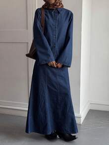 DAZY Conjunto de blusa casual con cuello y falda de mezclilla para mujer - Azul lavado oscuro - Ver 6