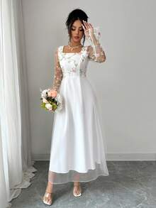 SHEIN Elenzya 2026春夏新款女式白色网纱拼接刺绣粉色桃花A字腰方领优雅浪漫长袖中长连衣裙，适合女士婚礼、派对、正式晚宴、毕业季/开学季（随机碎花图案） - 白色 - 查看 5