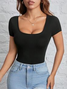 SHEIN PETITE 休闲简约女士两件套圆领短袖连体衣，适合夏季穿着 - 彩色 - 查看 5