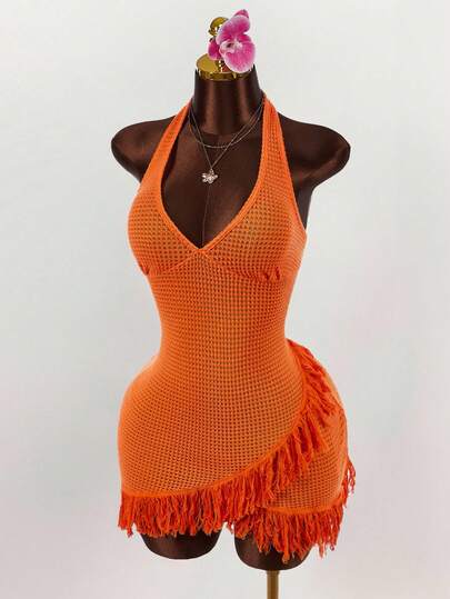Amplova Summer Asymmetrical Hem Crochet Inspired Plunging Neck Halter Mini Dress For Women