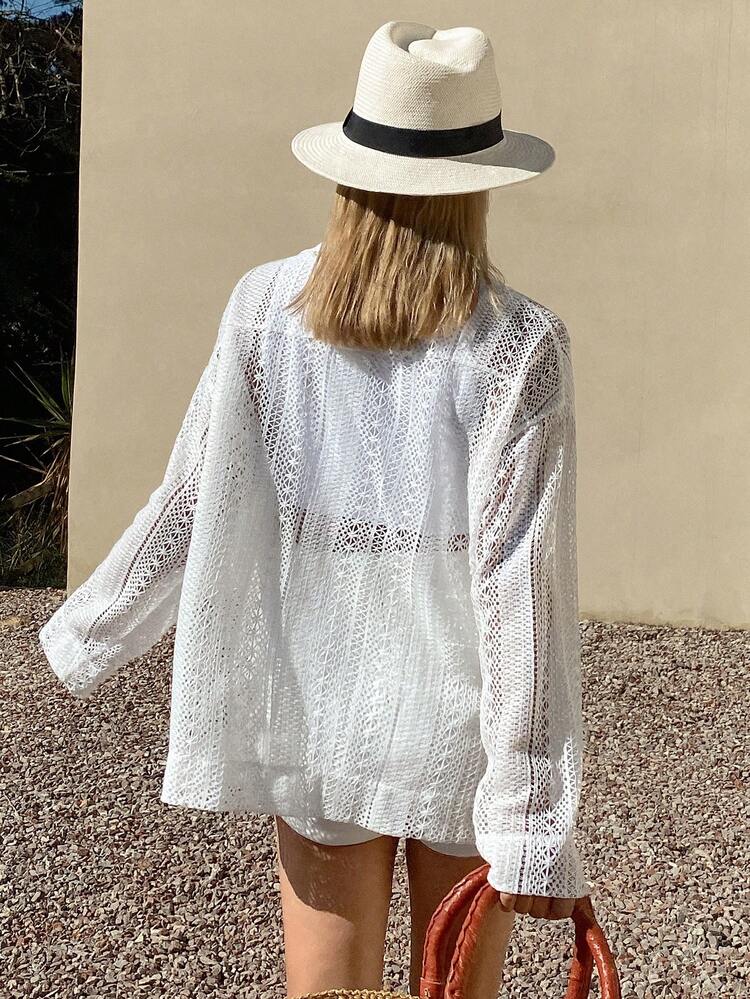 Solid Color Textured Hollow Out Loose Turndown Collar Long Sleeve Casual Vacation Summer Blouse For Women