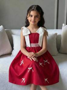 SHEIN 少女编织蝴蝶结撞色连衣裙 - 白色 - 查看 9