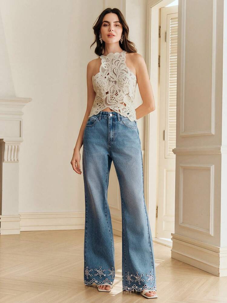 Women's Spring/Summer New Romantic Valentine's Day Blue Hollow Floral Embroidered Straight Leg Jeans Cowboy Pants For Women Flower Jeans Embellished Jeans
