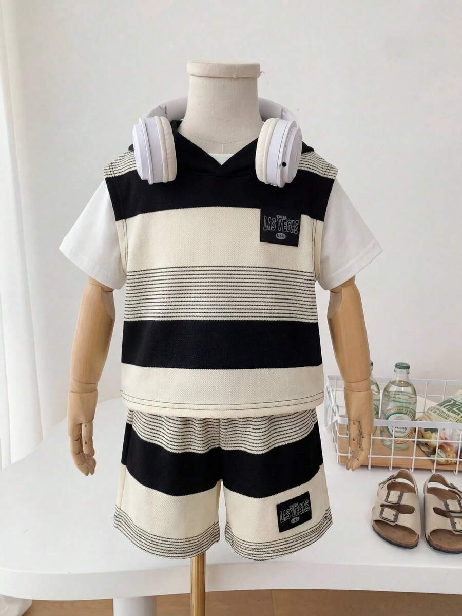 SHEIN 2pcs/Set Baby Boy Summer Casual Cute Versatile Knit Black & White Striped Letter Print Hooded Top And Elastic Waist Shorts Set - Multicolor - View 1