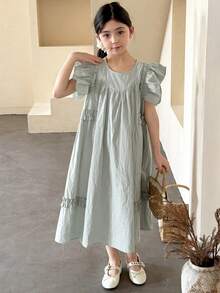 Dazy Kids Vestido de verano informal con volantes en las mangas para niñas preadolescentes, estilo vacacional de unicolor - Verde - Ver 2