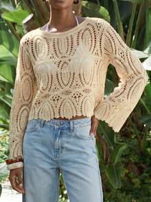 Maija Suéter de mujer con cuello redondo, mangas acampanadas y calado, ideal para vacaciones de verano - Albaricoque - Ver 1