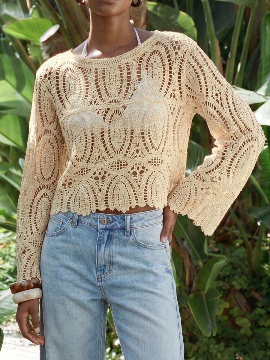 Maija Suéter de mujer con cuello redondo, mangas acampanadas y calado, ideal para vacaciones de verano - Albaricoque - Ver 1