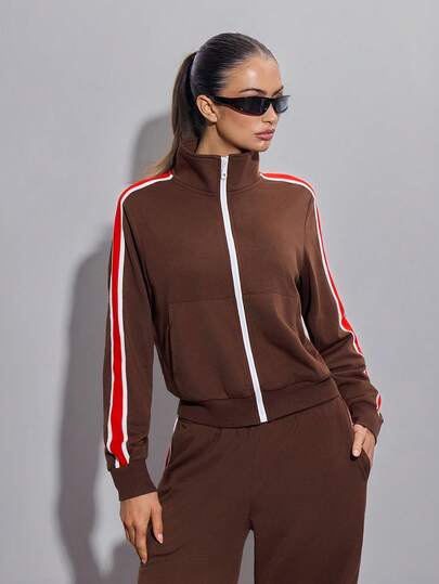 SHEIN ICON 女士休闲撞色条纹立领卫衣