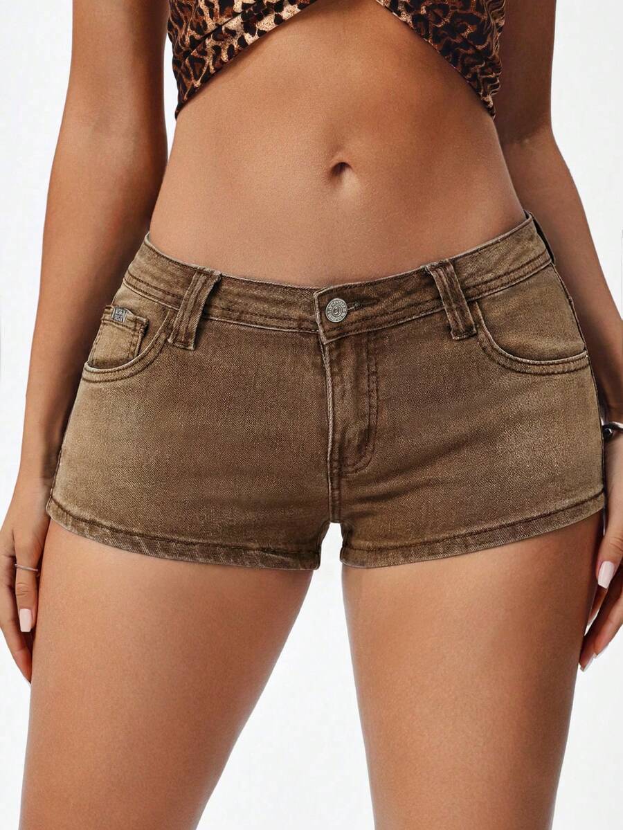 Jeanoix Quần short nữ denim cạp thấp, màu trơn, kiểu dáng tối giản, thường ngày. - Cà phê nâu - Xem 1