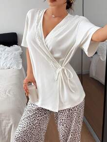 DAZY Lace Patchwork Loose Cardigan Top & Leopard Print Trim Pajama Pants Women Sleepwear Set - White - View 3