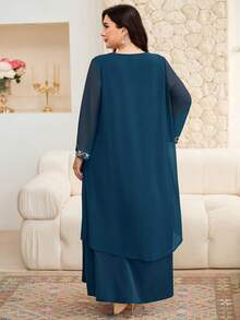 Modelyn Plus Size Elegant Rhinestone Embellished Jacket And Dress 2 Pieces Set, Autumn Fall - Teal Blue - View 3