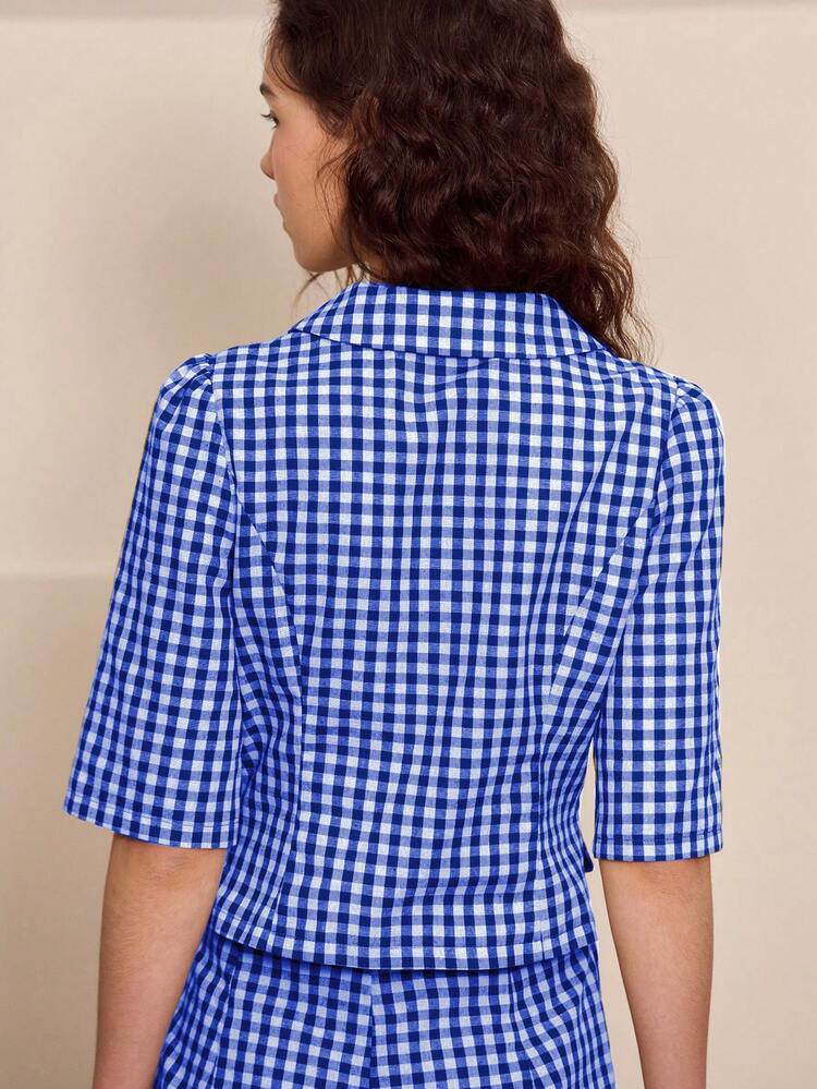 Green Gingham Button-Up Short-Sleeve Jacket With Rounded Collar Cute Vintage Style