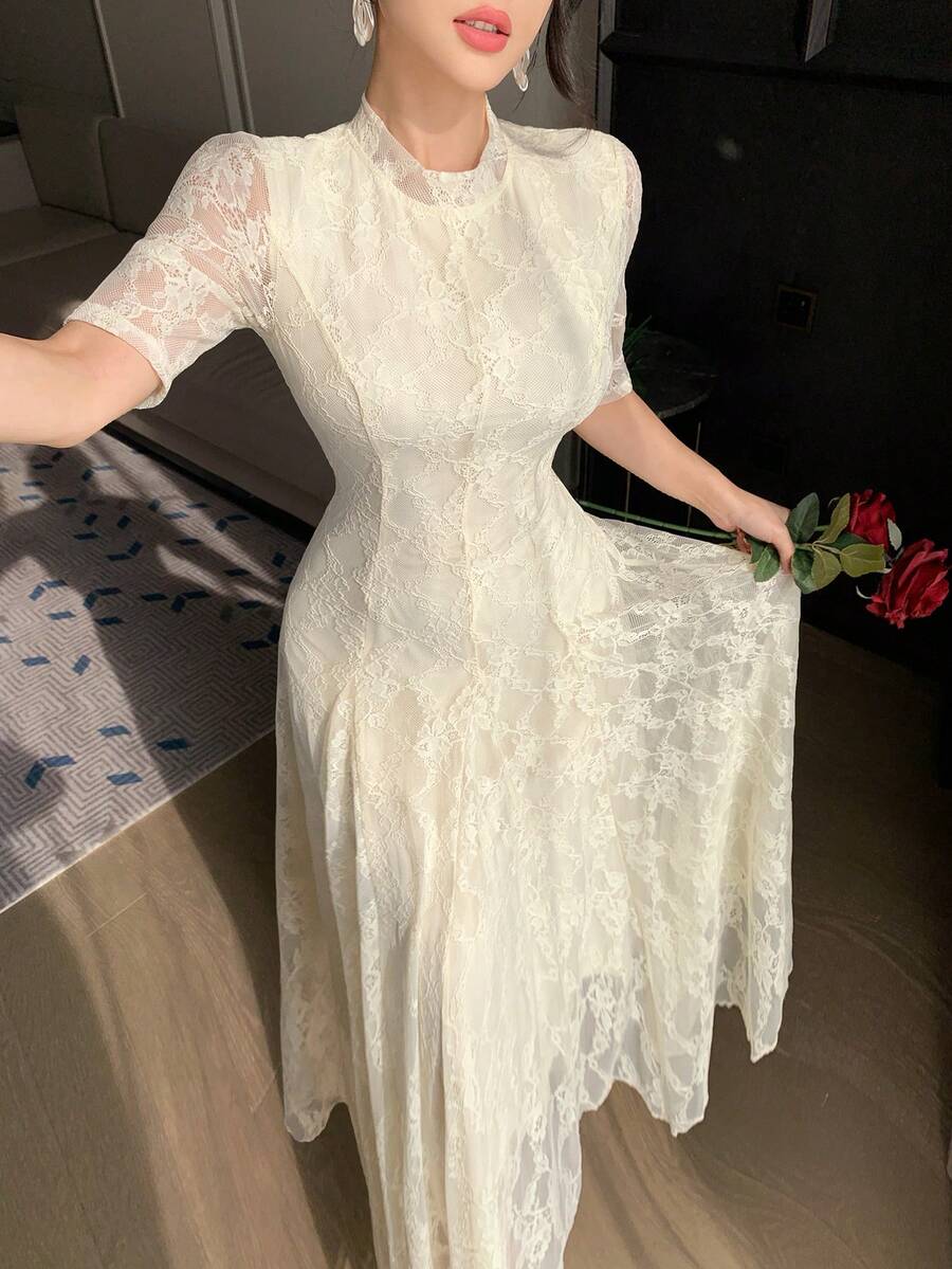 DAZY Women's Elegant Textured Lace Round Neck Long Dress, Suitable For Spring & Summer - Beige - View 1