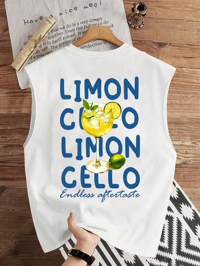 Manfinity Joysei White Label 男士休闲假日清爽柠檬标语印花背心，适合夏季外出穿着