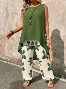 EMERY ROSE Plus Size 2 Pieces Set: Paisley Print Sleeveless Top And Wide Leg Pants - Army Green - View 3