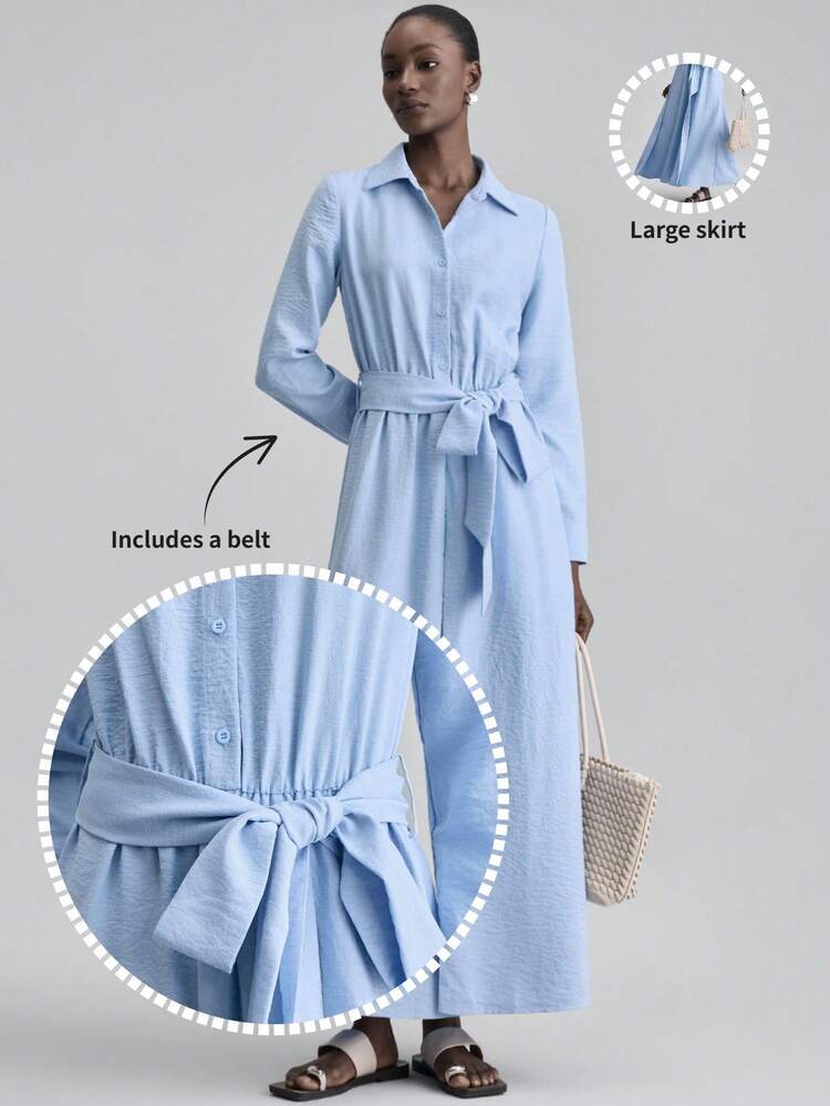 2026ss Women's Solid Color Collared Waist Tie Ruched Long Dress, Suitable For Daily Wear, Dates, And Parties Beach Clothing, All Season  Ins Celebrity Same Style Vacation Style, Exotic Atmosphere, Country Concert, Western Style Clothing, High-Grade Fabric, Comfortable And Breathable Bohemian Style Vacation Wear Modern Urban Casual Fashion Business Casual Women's Office Wear Low-Key Old Money Style High-End, Elegant, Old-Fashioned Cruise Attire For Wedding Guests Baby Blue Textured Fabric