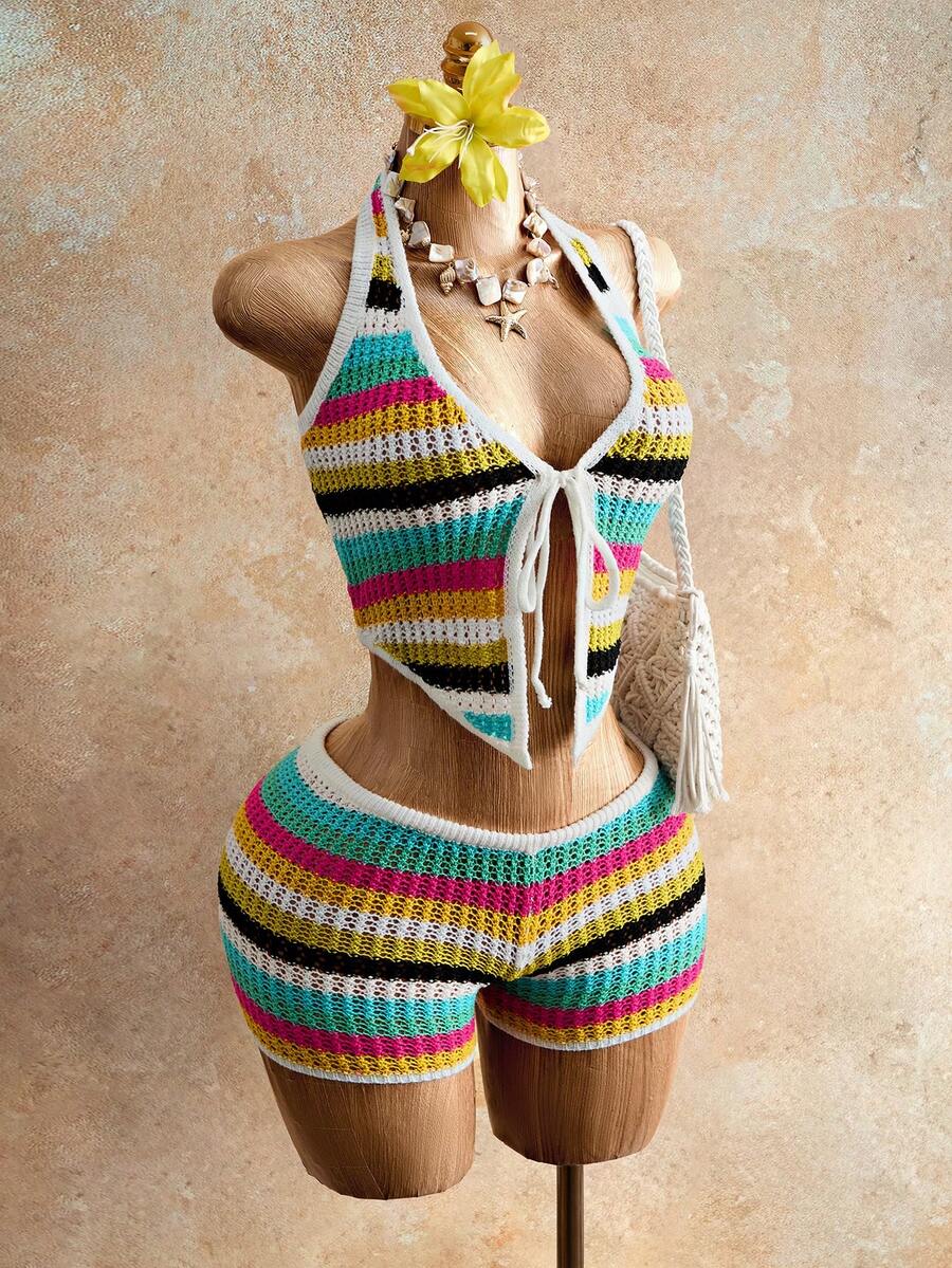 Mistrie 两件套女士毛衣套装，度假休闲性感条纹吊带开衫和迷你短裤，春夏款 - 彩色 - 查看 1