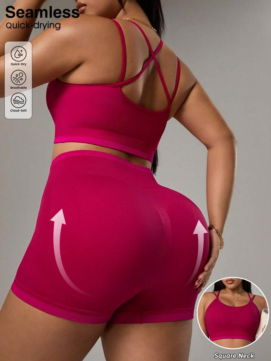 SHEIN Rhythm Era Bộ đồ thể thao không đường may dành cho nữ cỡ lớn, áo ngực và quần short, kiểu dáng thể thao lưng chữ Y, ôm sát cơ thể, thích hợp cho mùa xuân/hè, áo ngực có đệm rời và quần short cạp cao bó sát. - Màu Đỏ Sâu - Xem 1
