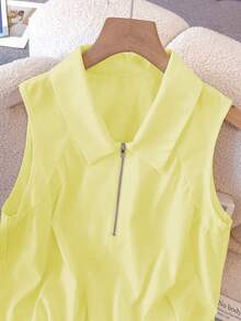 SHEIN LUNE Blusa elegante y de moda con cuello blanco, cremallera frontal, pliegues simétricos, ajuste elástico para mujeres, parte superior de verano amarilla primaveral, parte superior pastel amarilla, parte superior primaveral linda, parte superior de mujer de color amarillo claro, parte superior de verano de mujer, parte superior casual de mujer, parte superior de mujer, parte superior sin mangas de mujer, parte superior con cuello de mujer - Amarillo - Ver 3