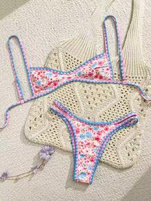 Swim Mod Nuevo conjunto de bikini de dos piezas con volantes de color contrastante, estilo floral dulce europeo y americano, de cuello halter y espalda descubierta, con tanga de corte alto, traje de baño sexy para playa, vacaciones y fiestas - Multicolor - Ver 4