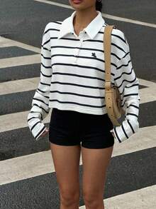 Muchica Women's Black & White Striped Long Sleeves Knit Polo Collar Sweatshirt With Knight Print,Spring / Summer Break Outfits - Black and White - View 5