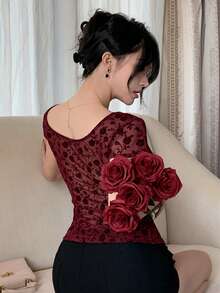 DAZY 女士优雅花卉植绒网纱开衩上衣，夏季 - 紅色 - 查看 3